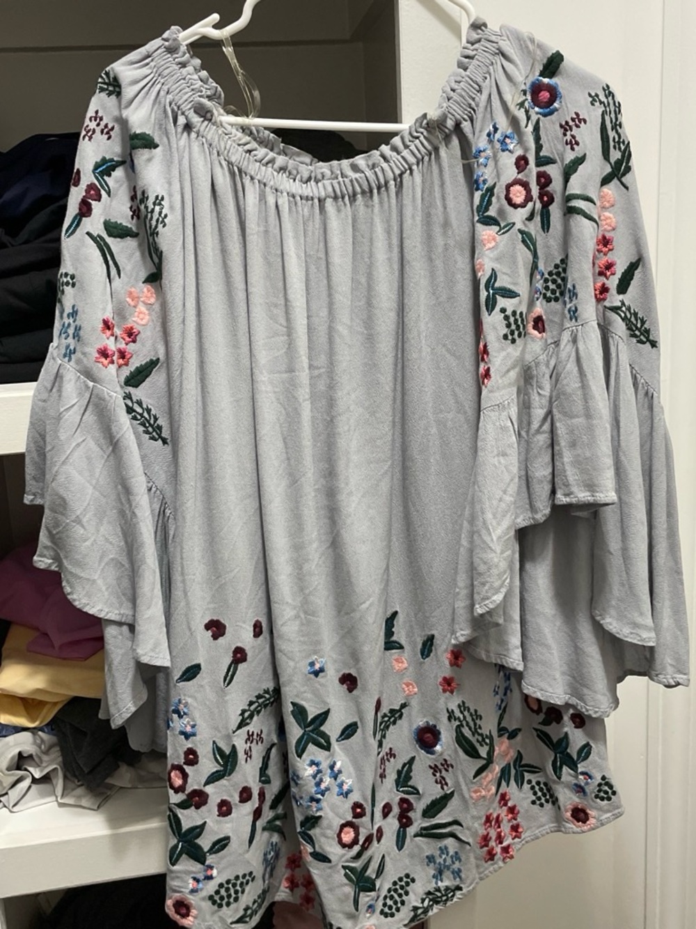 Umgee Light Gray Off-Shoulder Tunic with Multicolor Floral Embroidery